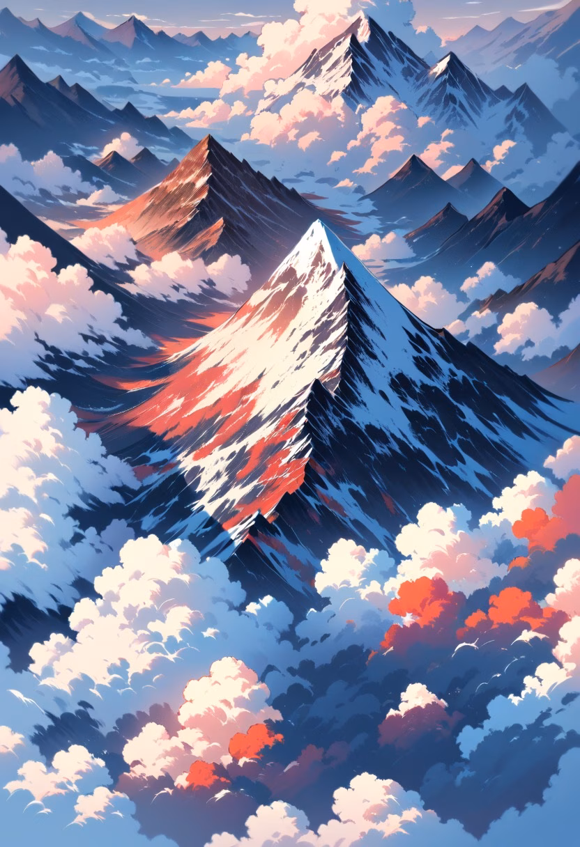 Cloud Inversion Sunrise — view 5 — cloud inversion, mountain peak above clouds, sunrise colors, serene, aerial view, detailed cloud texture, masterpiece, h