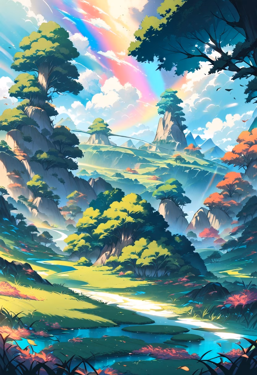 Double Rainbow Valley — view 1 — double rainbow, after rain, green valley, sunbeams, fresh atmosphere, detailed rainbow colors, masterpiece, high score, 