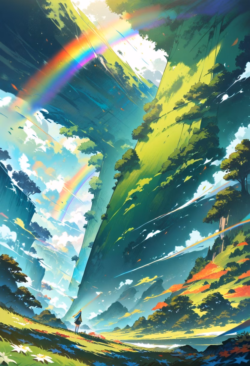 Double Rainbow Valley — view 2 — double rainbow, after rain, green valley, sunbeams, fresh atmosphere, detailed rainbow colors, masterpiece, high score,