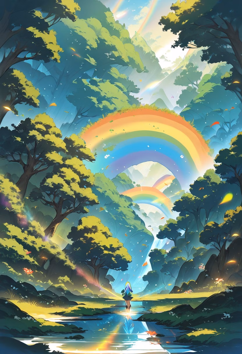 Double Rainbow Valley — view 3 — double rainbow, after rain, green valley, sunbeams, fresh atmosphere, detailed rainbow colors, masterpiece, high score,