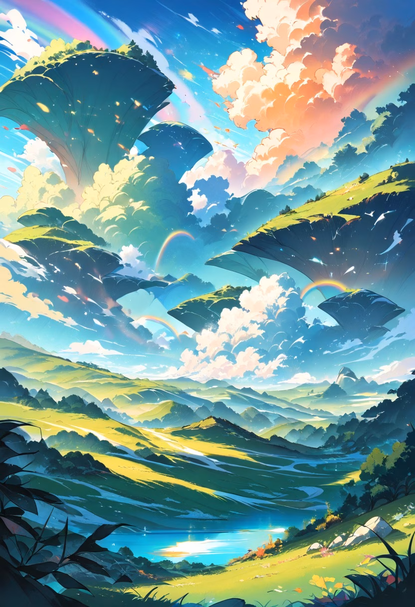 Double Rainbow Valley — view 4 — double rainbow, after rain, green valley, sunbeams, fresh atmosphere, detailed rainbow colors, masterpiece, high score,