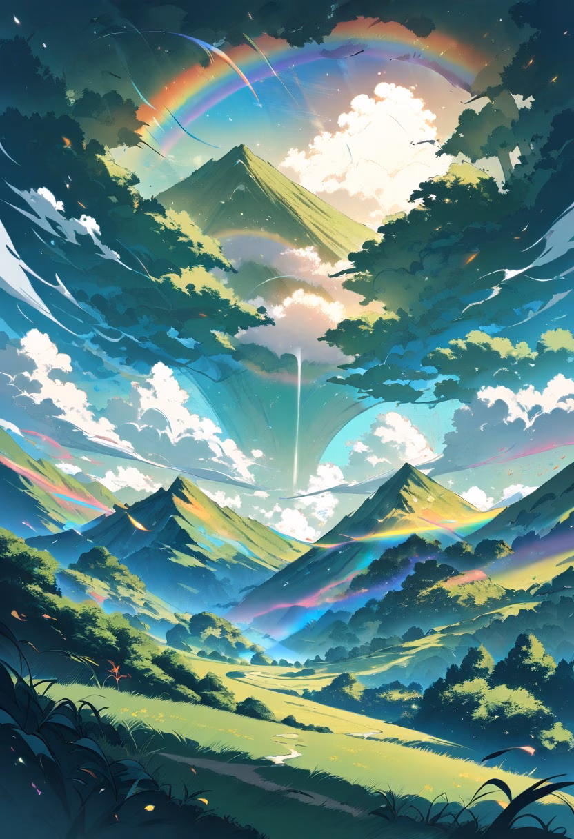 Double Rainbow Valley — view 5 — double rainbow, after rain, green valley, sunbeams, fresh atmosphere, detailed rainbow colors, masterpiece, high score, 