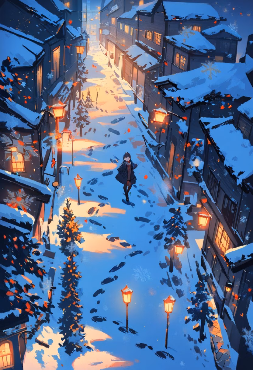 Snowy City Park Evening — view 1 — snowfall in city park, streetlamps glowing, quiet evening, footprints in snow, detailed snowflakes, masterpiece, high sc