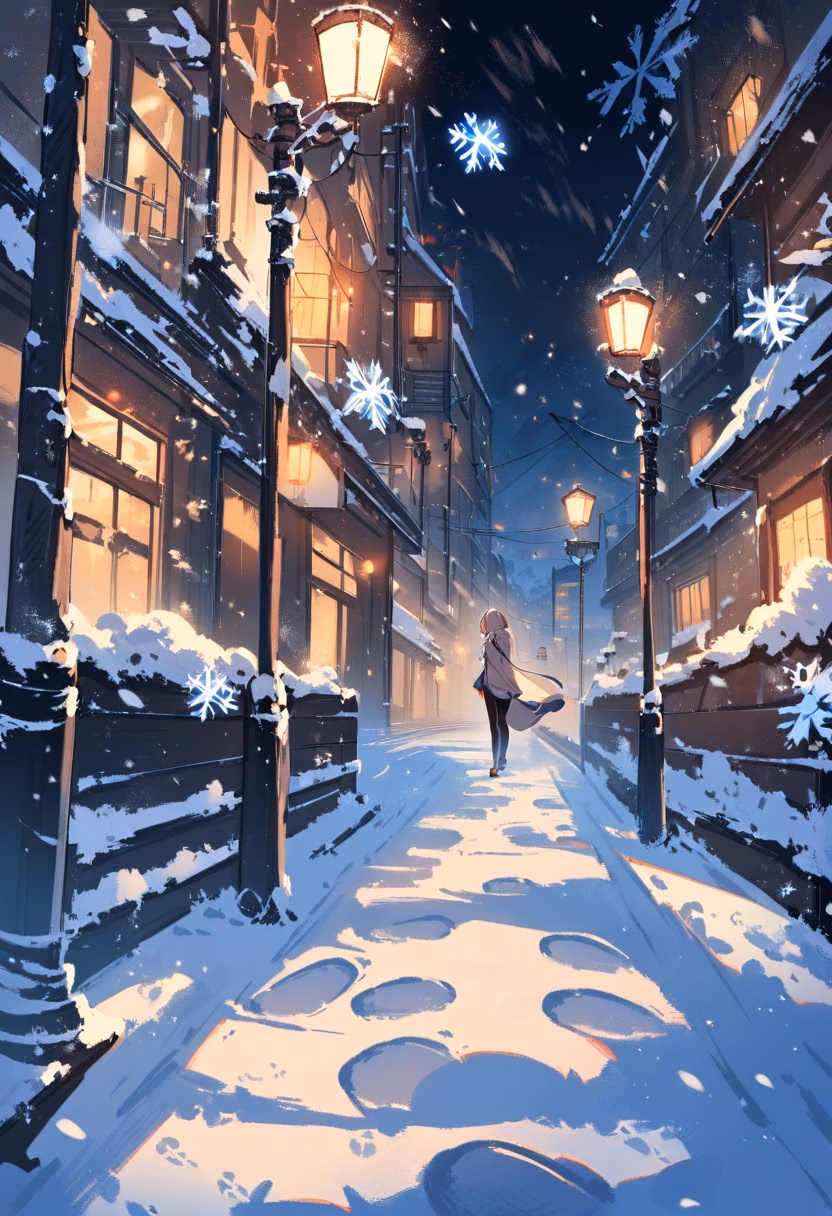 Snowy City Park Evening — view 2 — snowfall in city park, streetlamps glowing, quiet evening, footprints in snow, detailed snowflakes, masterpiece, high sc
