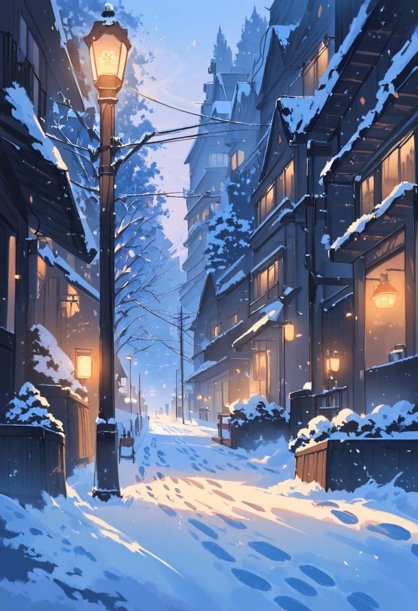 Snowy City Park Evening — view 3 — snowfall in city park, streetlamps glowing, quiet evening, footprints in snow, detailed snowflakes, masterpiece, high sc