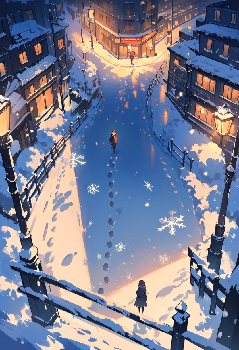 Snowy City Park Evening — view 4 — snowfall in city park, streetlamps glowing, quiet evening, footprints in snow, detailed snowflakes, masterpiece, high sc