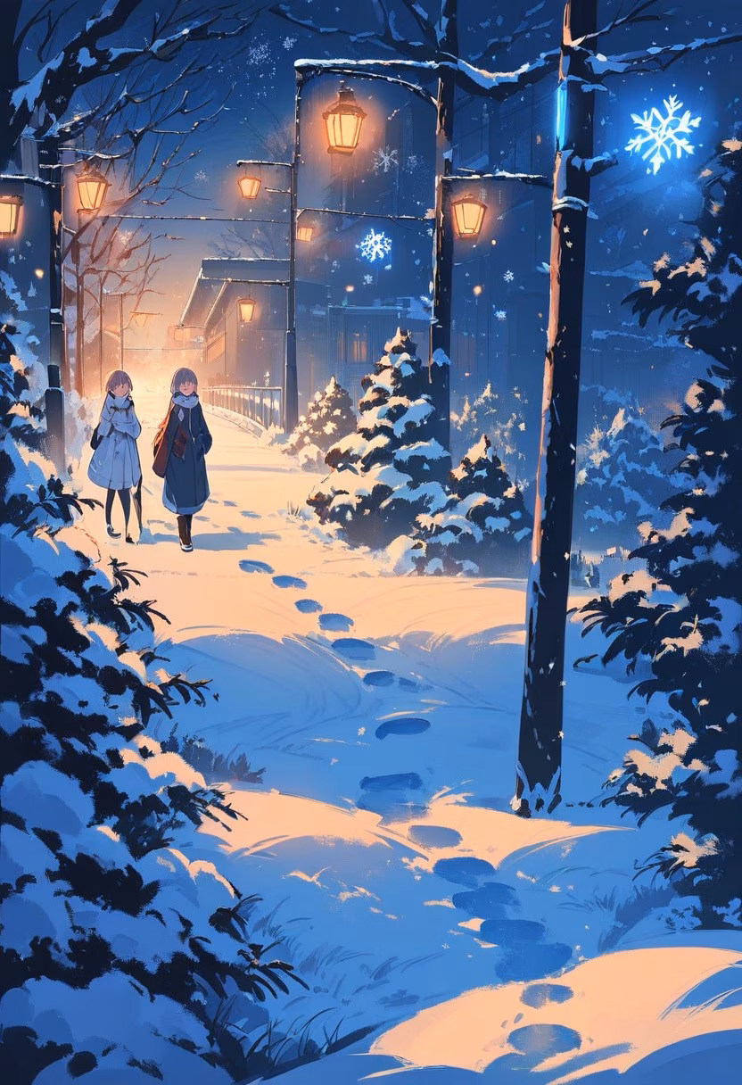 Snowy City Park Evening — view 5 — snowfall in city park, streetlamps glowing, quiet evening, footprints in snow, detailed snowflakes, masterpiece, high sc