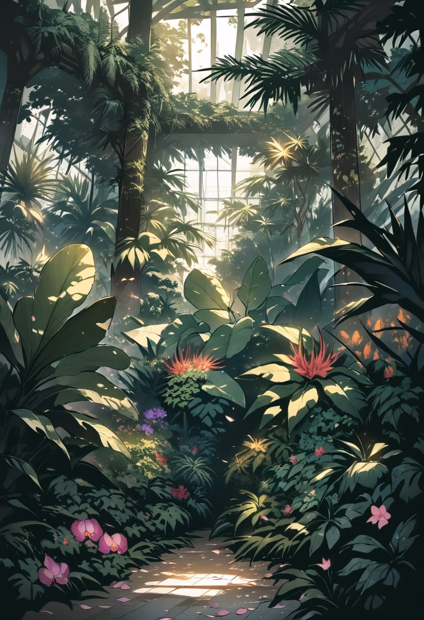 Exotic Orchid Greenhouse — view 1 — orchid greenhouse, exotic flowers, humid glass conservatory, tropical plants, dappled light, botanical garden, nature, d