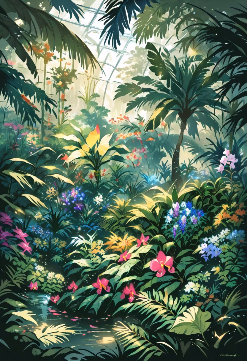 Exotic Orchid Greenhouse — view 2 — orchid greenhouse, exotic flowers, humid glass conservatory, tropical plants, dappled light, botanical garden, nature, d
