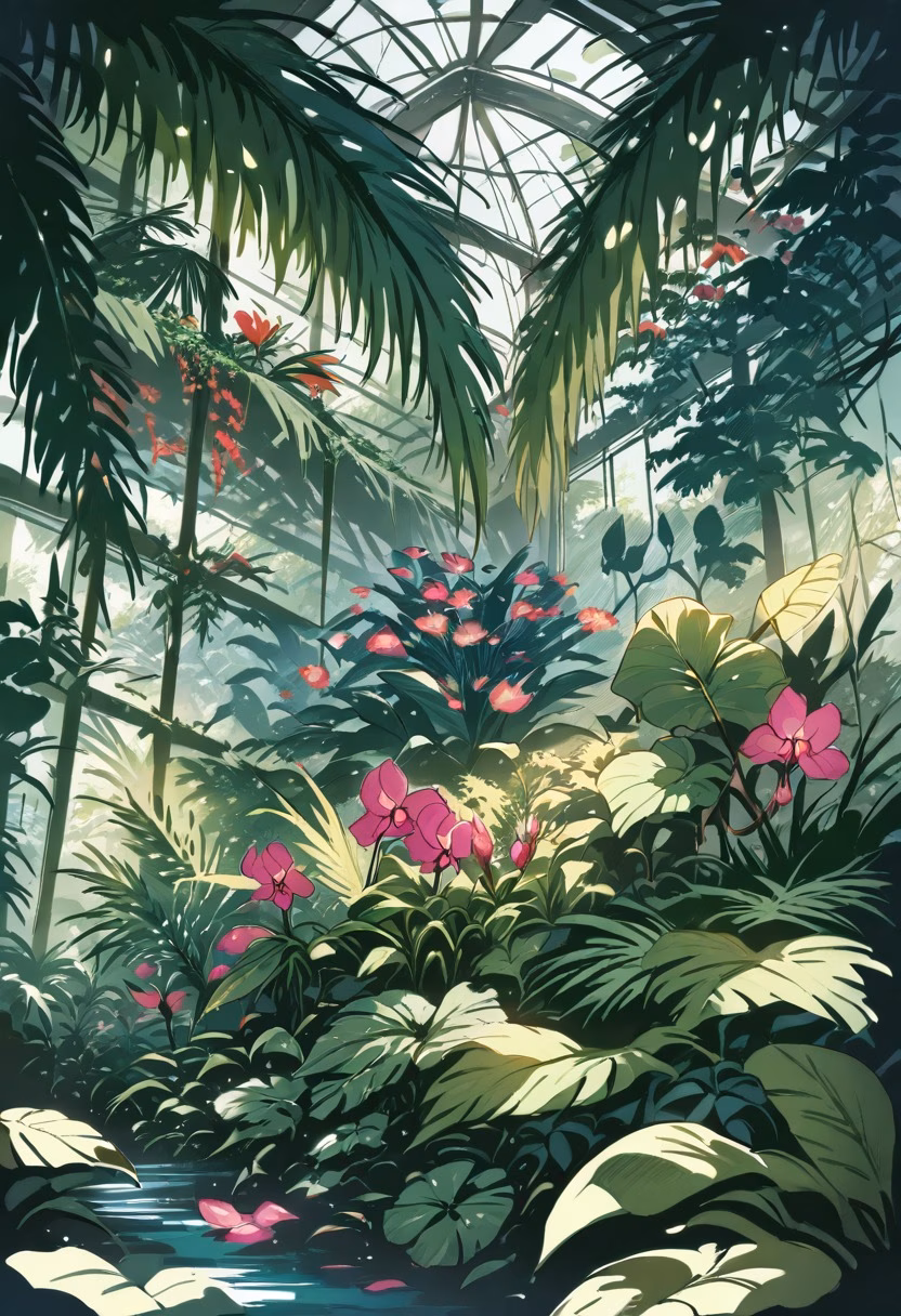 Exotic Orchid Greenhouse — view 3 — orchid greenhouse, exotic flowers, humid glass conservatory, tropical plants, dappled light, botanical garden, nature, d