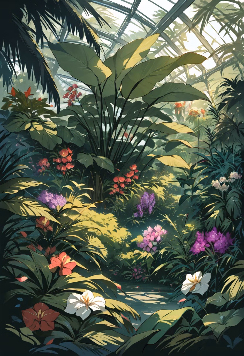 Exotic Orchid Greenhouse — view 4 — orchid greenhouse, exotic flowers, humid glass conservatory, tropical plants, dappled light, botanical garden, nature, d