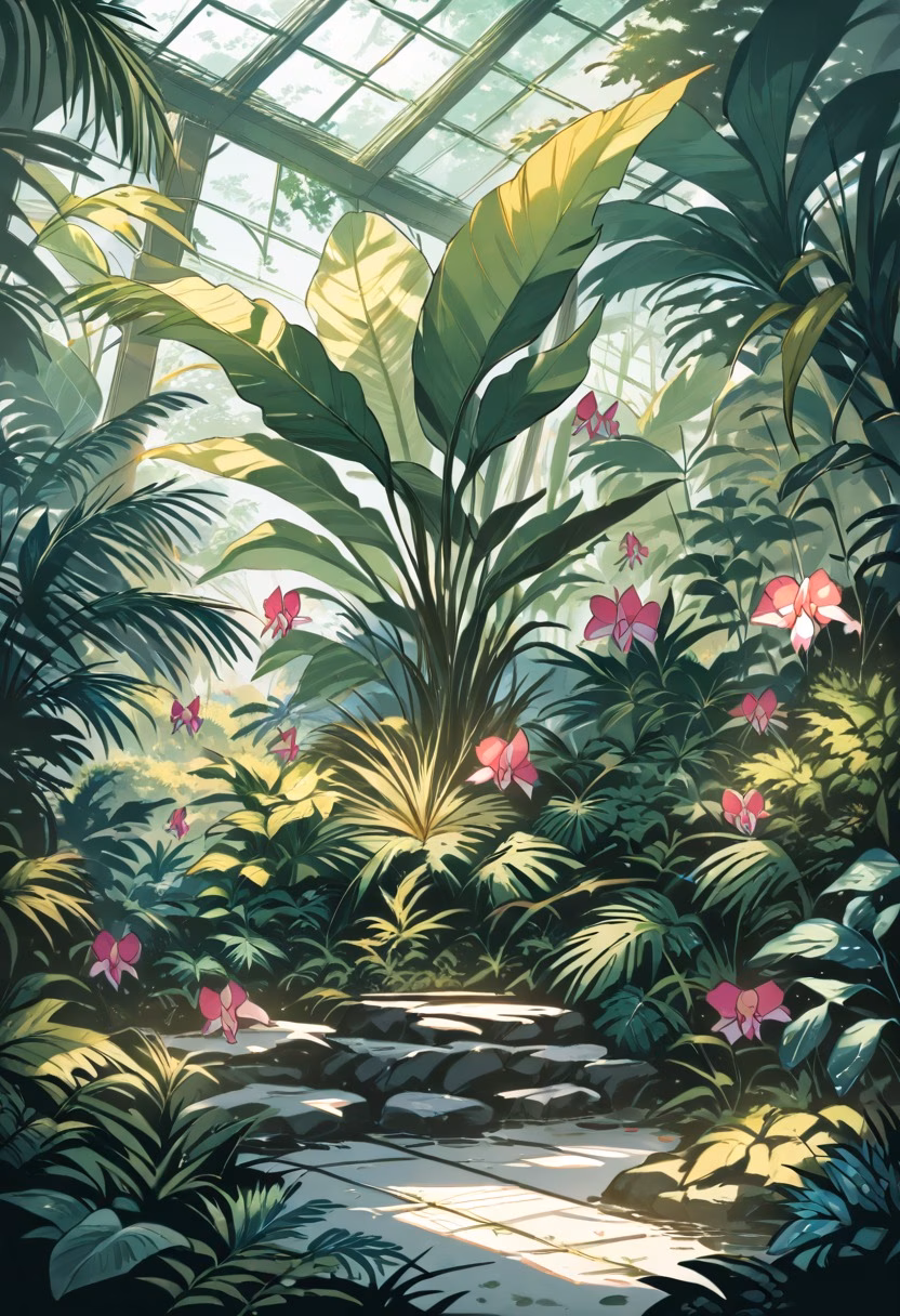 Exotic Orchid Greenhouse — view 5 — orchid greenhouse, exotic flowers, humid glass conservatory, tropical plants, dappled light, botanical garden, nature, d