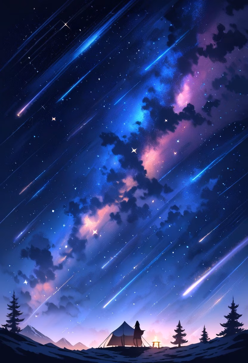 Meteor Shower Campsite — view 1 — meteor shower, night sky, silhouetted trees, camping scene, streaking stars, detailed star trails, masterpiece, high sco