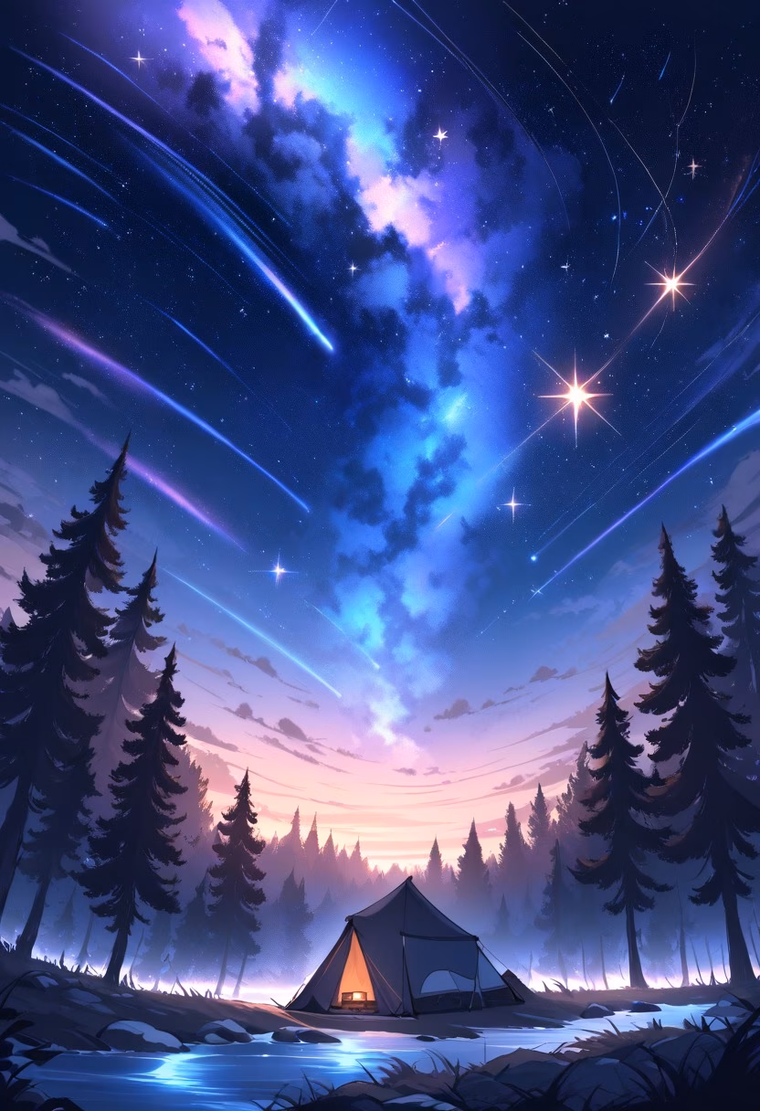 Meteor Shower Campsite — view 2 — meteor shower, night sky, silhouetted trees, camping scene, streaking stars, detailed star trails, masterpiece, high sco
