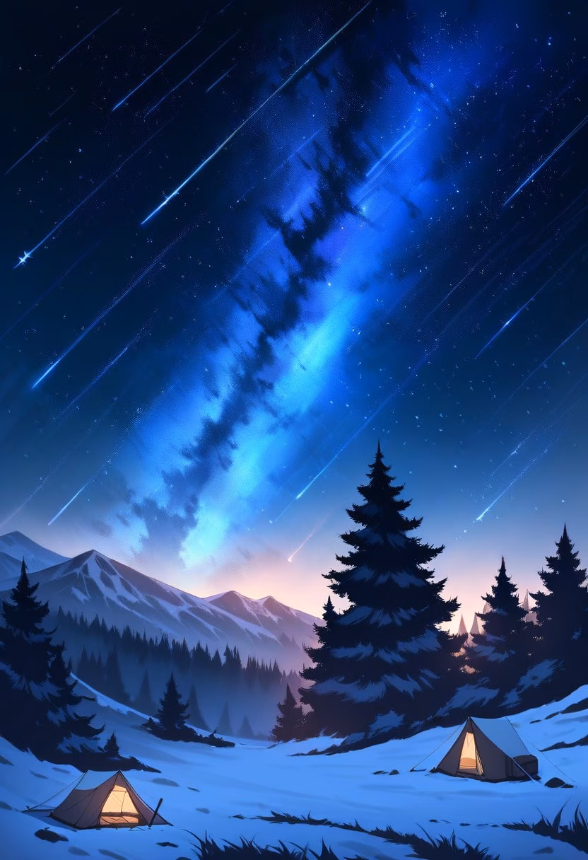 Meteor Shower Campsite — view 3 — meteor shower, night sky, silhouetted trees, camping scene, streaking stars, detailed star trails, masterpiece, high sco