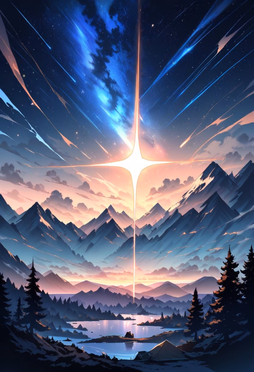 Meteor Shower Campsite — view 4 — meteor shower, night sky, silhouetted trees, camping scene, streaking stars, detailed star trails, masterpiece, high sco