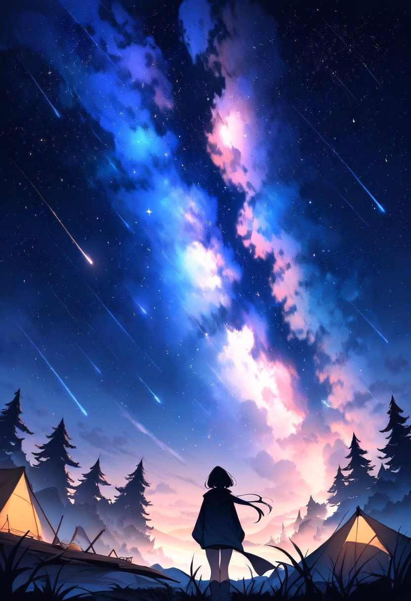 Meteor Shower Campsite — view 5 — meteor shower, night sky, silhouetted trees, camping scene, streaking stars, detailed star trails, masterpiece, high sco