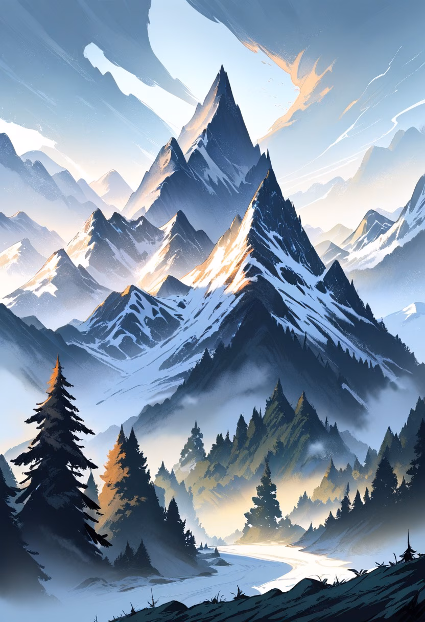 Misty Mountain Valley — view 1 — misty mountain valley, towering peaks, pine forest, winding river, early morning fog, soft sunlight, peaceful wilderness