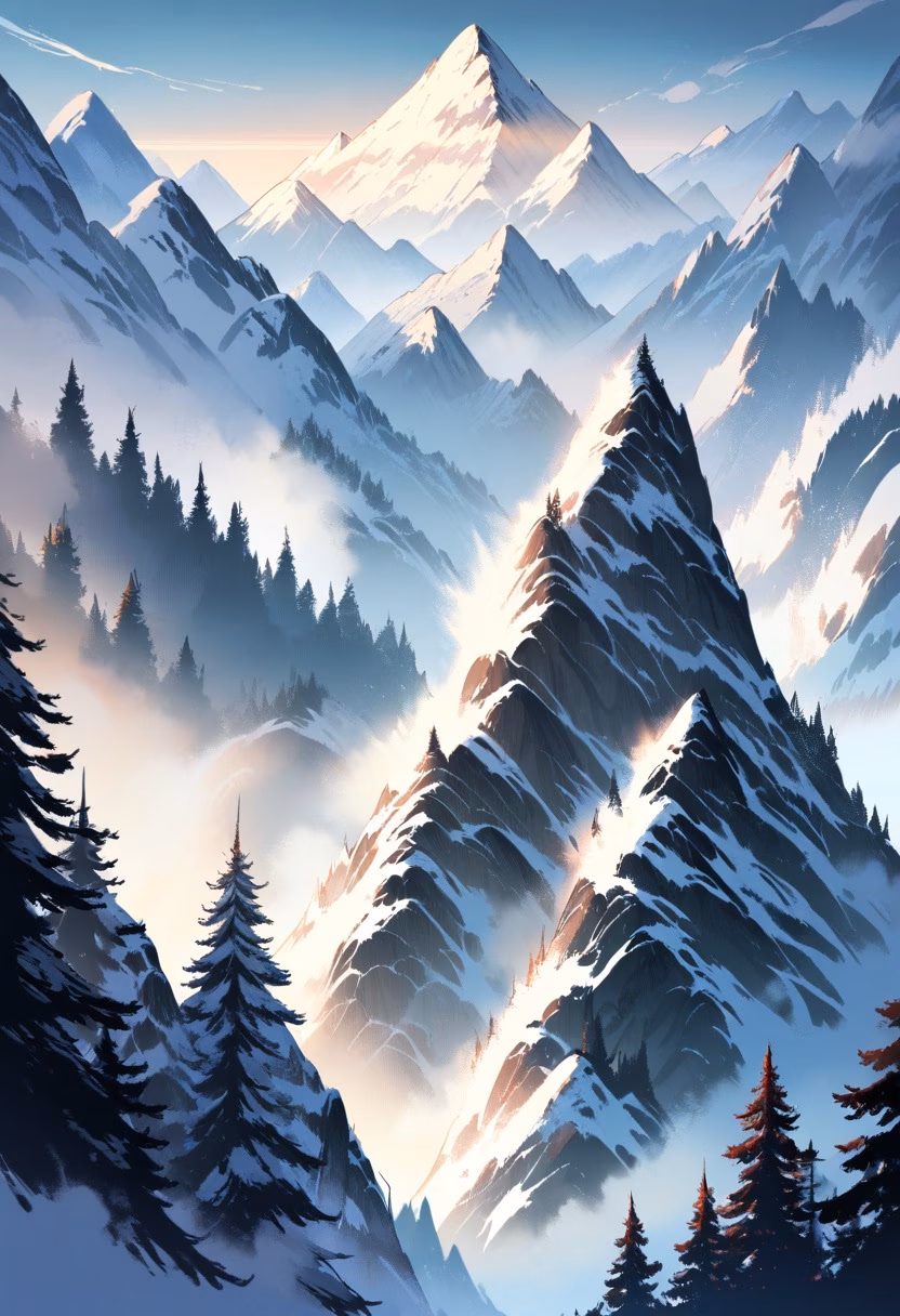 Misty Mountain Valley — view 2 — misty mountain valley, towering peaks, pine forest, winding river, early morning fog, soft sunlight, peaceful wilderness