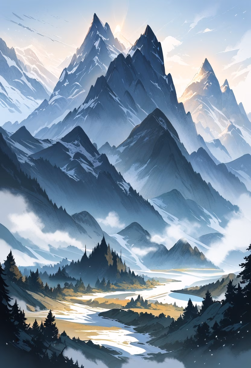 Misty Mountain Valley — view 3 — misty mountain valley, towering peaks, pine forest, winding river, early morning fog, soft sunlight, peaceful wilderness