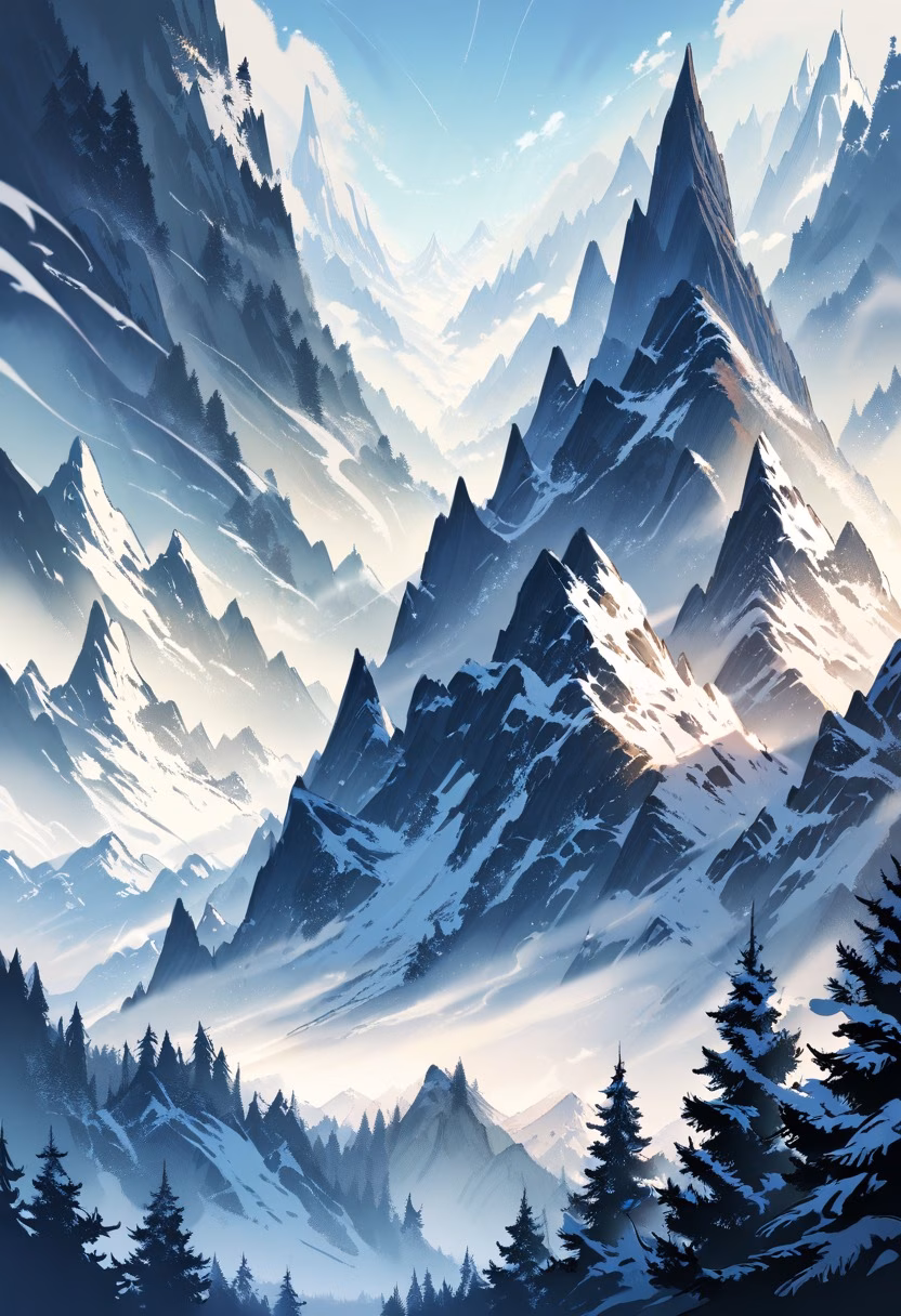 Misty Mountain Valley — view 4 — misty mountain valley, towering peaks, pine forest, winding river, early morning fog, soft sunlight, peaceful wilderness