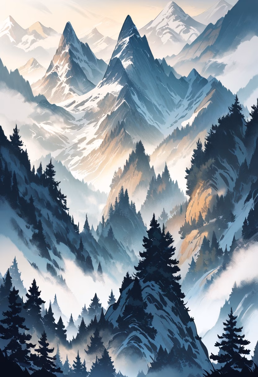 Misty Mountain Valley — view 5 — misty mountain valley, towering peaks, pine forest, winding river, early morning fog, soft sunlight, peaceful wilderness