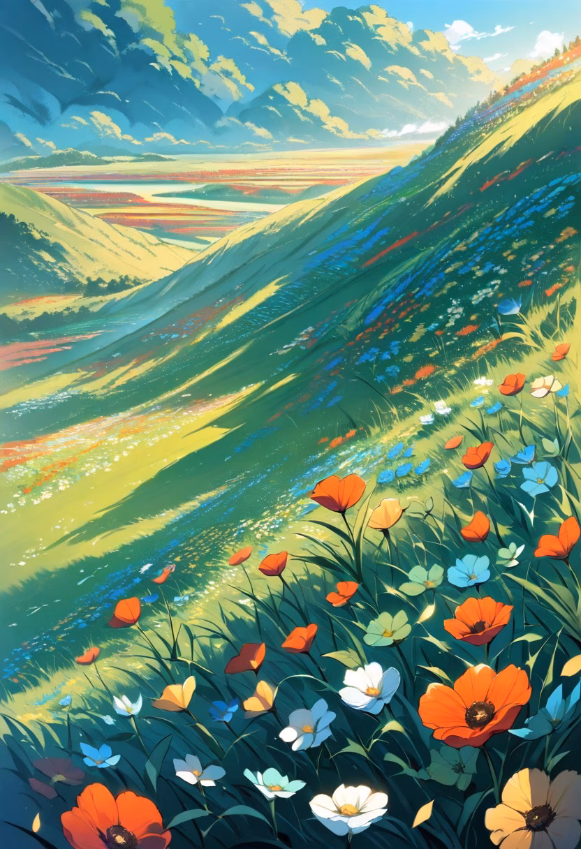 Red Poppy Meadow — view 1 — red poppy field, endless flowers, green meadow, warm sunlight, blue sky, gentle breeze, vibrant petals, countryside, det
