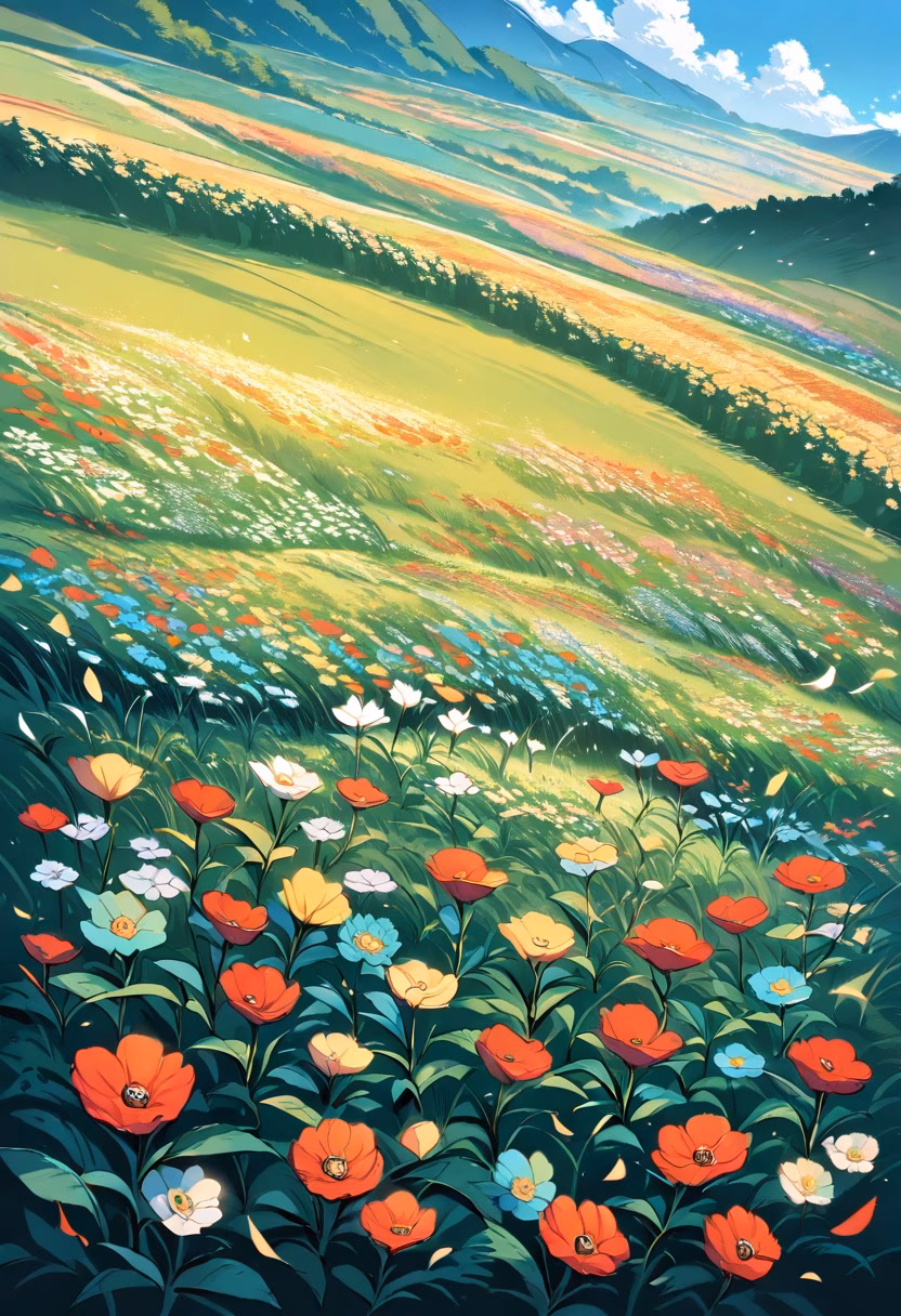 Red Poppy Meadow — view 2 — red poppy field, endless flowers, green meadow, warm sunlight, blue sky, gentle breeze, vibrant petals, countryside, det
