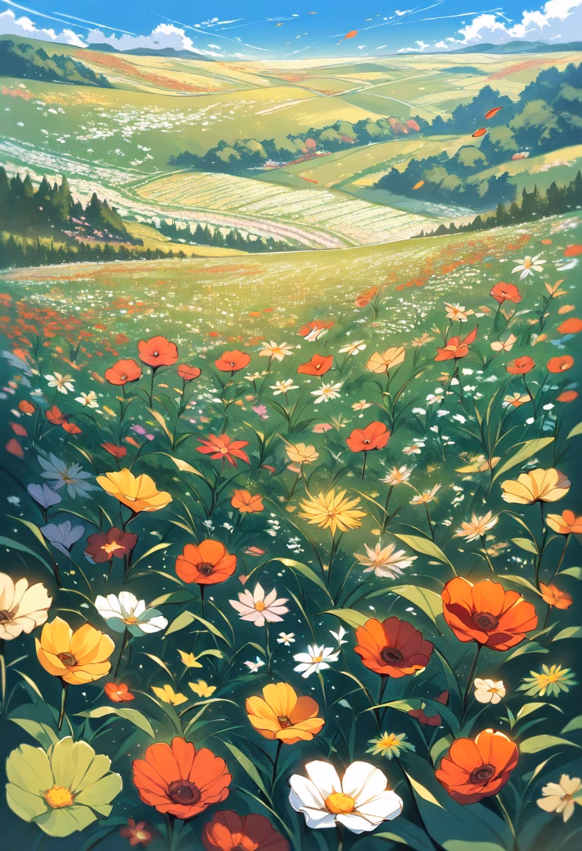 Red Poppy Meadow — view 3 — red poppy field, endless flowers, green meadow, warm sunlight, blue sky, gentle breeze, vibrant petals, countryside, det
