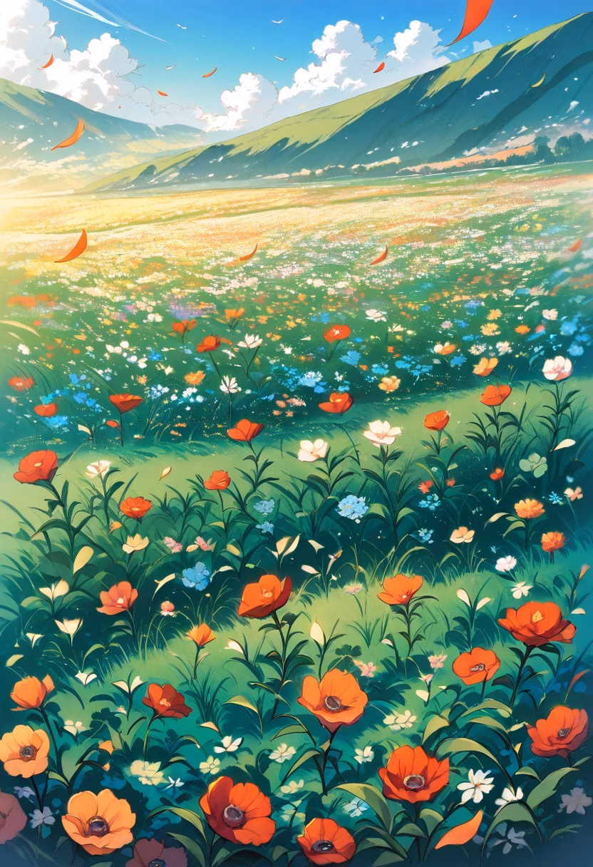 Red Poppy Meadow — view 4 — red poppy field, endless flowers, green meadow, warm sunlight, blue sky, gentle breeze, vibrant petals, countryside, det