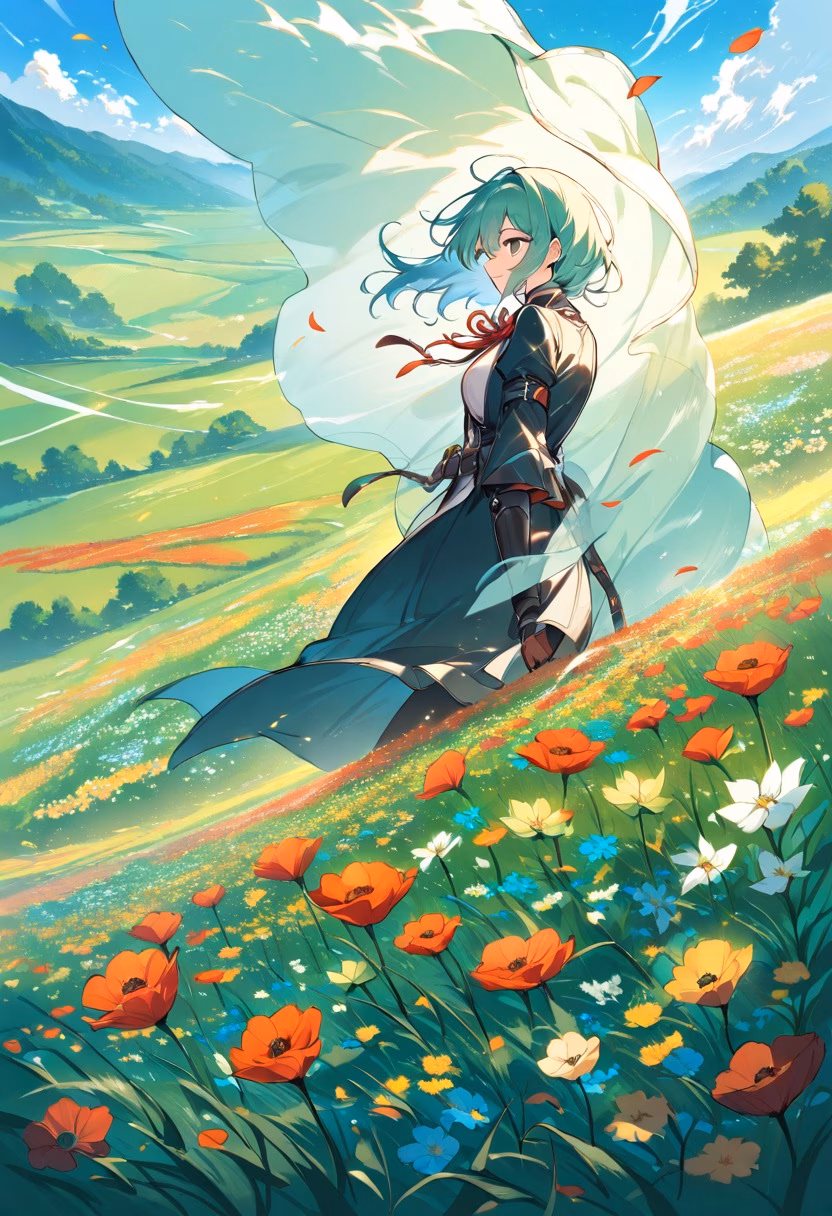 Red Poppy Meadow — view 5 — red poppy field, endless flowers, green meadow, warm sunlight, blue sky, gentle breeze, vibrant petals, countryside, det