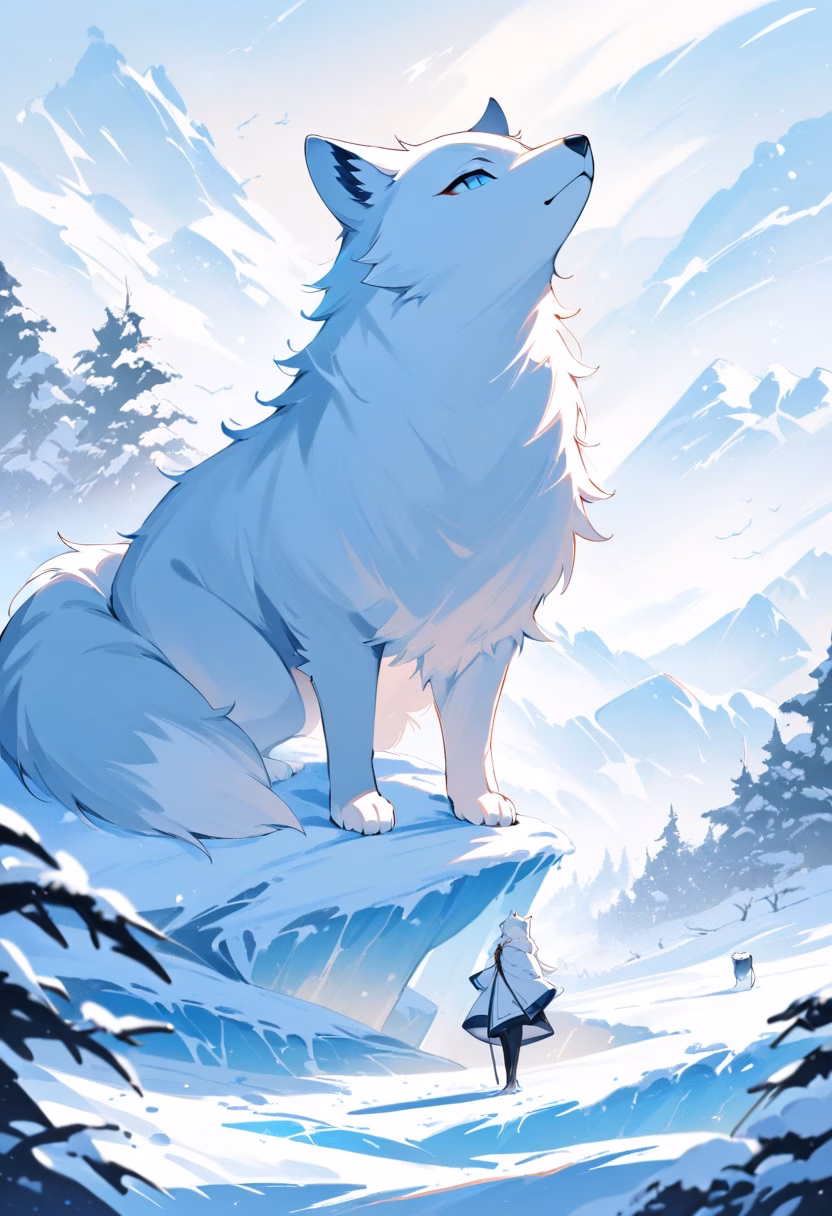 Arctic Fox in Winter — view 1 — white arctic fox, standing on snowy tundra, winter landscape, soft snowfall, fluffy fur, icy mountains, cold blue atmosp
