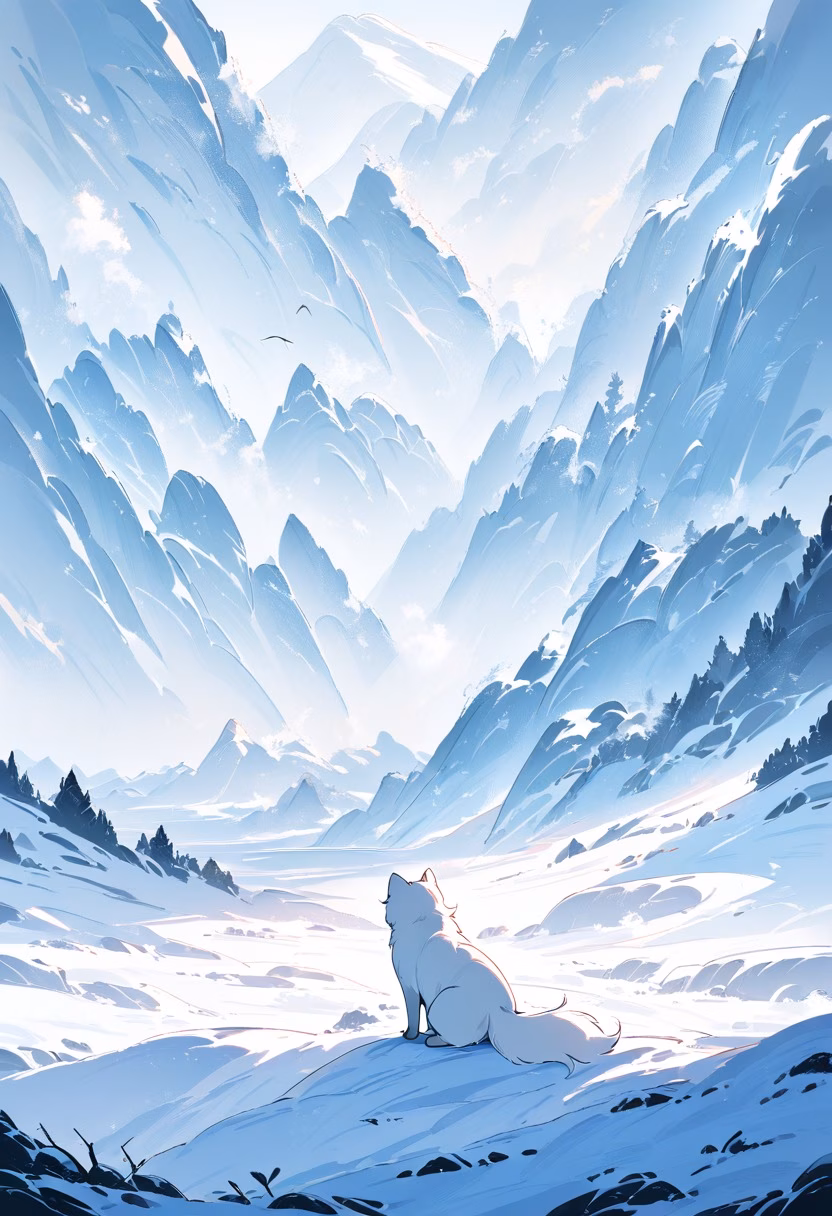 Arctic Fox in Winter — view 2 — white arctic fox, standing on snowy tundra, winter landscape, soft snowfall, fluffy fur, icy mountains, cold blue atmosp