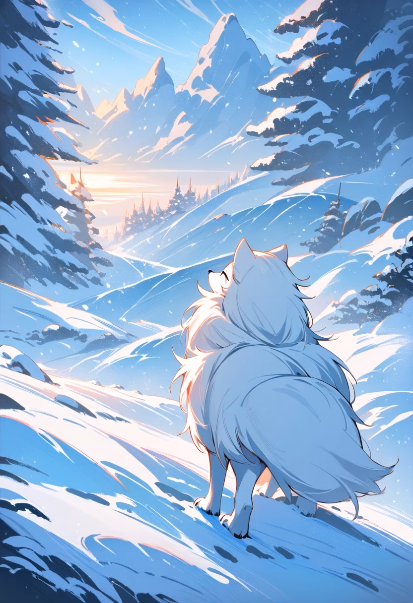 Arctic Fox in Winter — view 3 — white arctic fox, standing on snowy tundra, winter landscape, soft snowfall, fluffy fur, icy mountains, cold blue atmosp