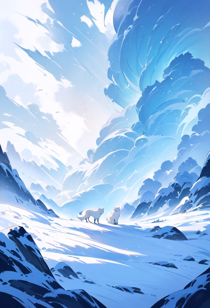 Arctic Fox in Winter — view 4 — white arctic fox, standing on snowy tundra, winter landscape, soft snowfall, fluffy fur, icy mountains, cold blue atmosp