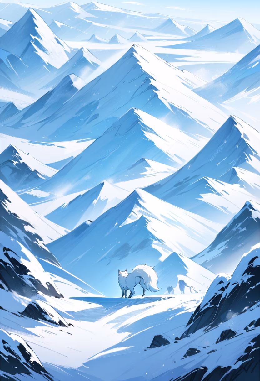 Arctic Fox in Winter — view 5 — white arctic fox, standing on snowy tundra, winter landscape, soft snowfall, fluffy fur, icy mountains, cold blue atmosp