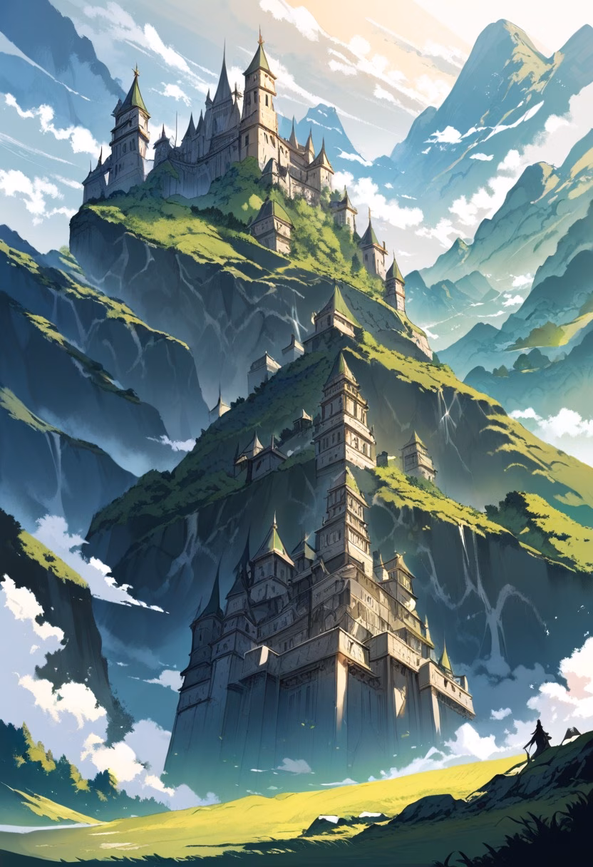 Castle Above the Valley — view 1 — ancient stone castle on hill, green valley below, dramatic clouds, medieval architecture, morning sunlight, distant moun
