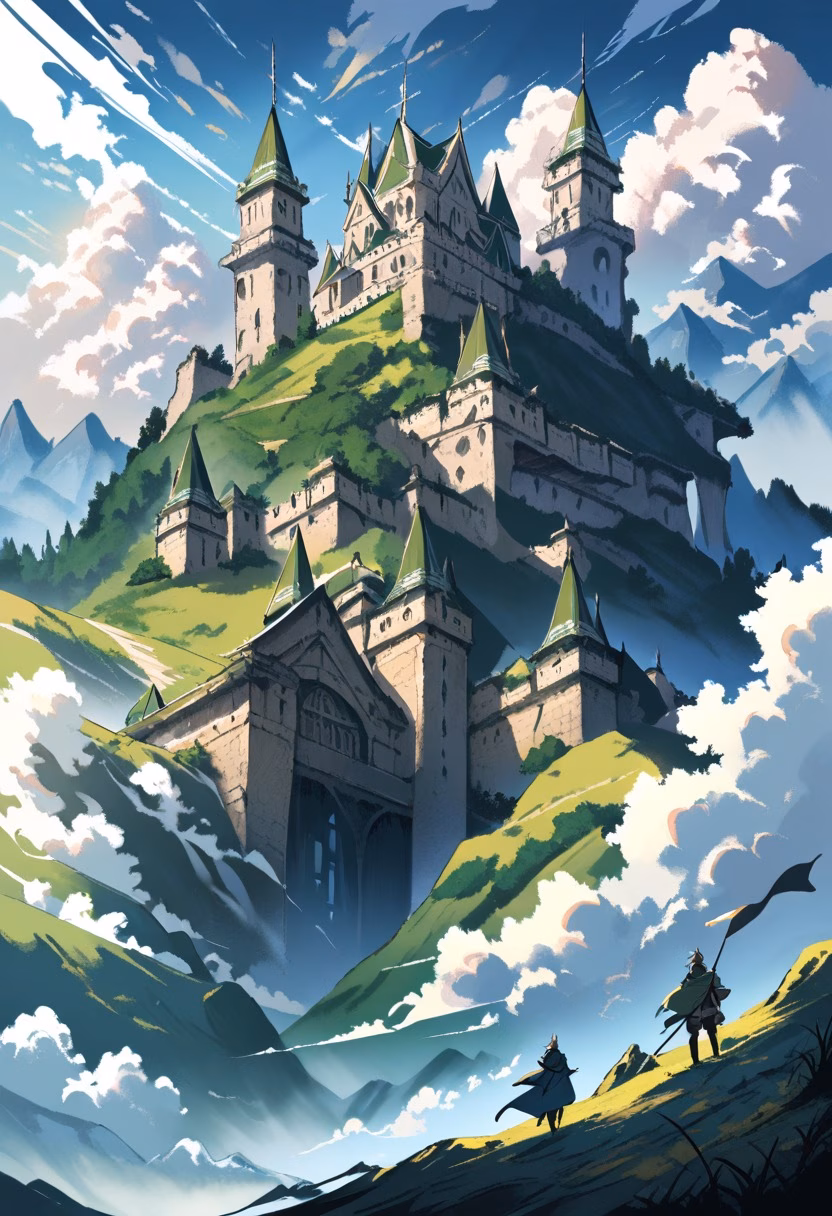 Castle Above the Valley — view 2 — ancient stone castle on hill, green valley below, dramatic clouds, medieval architecture, morning sunlight, distant moun