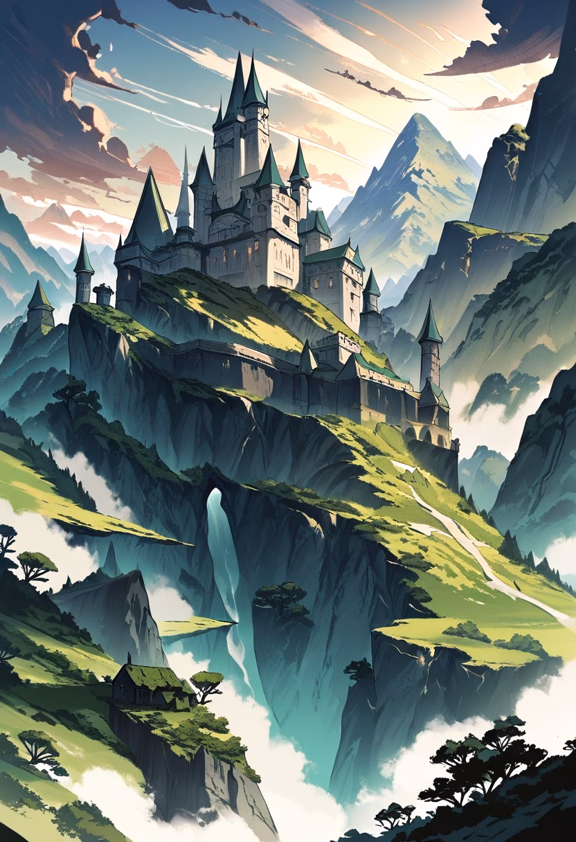 Castle Above the Valley — view 3 — ancient stone castle on hill, green valley below, dramatic clouds, medieval architecture, morning sunlight, distant moun