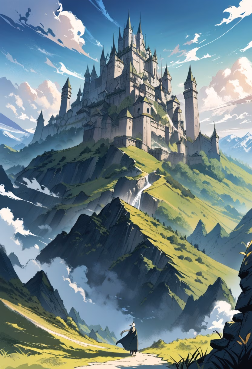 Castle Above the Valley — view 4 — ancient stone castle on hill, green valley below, dramatic clouds, medieval architecture, morning sunlight, distant moun