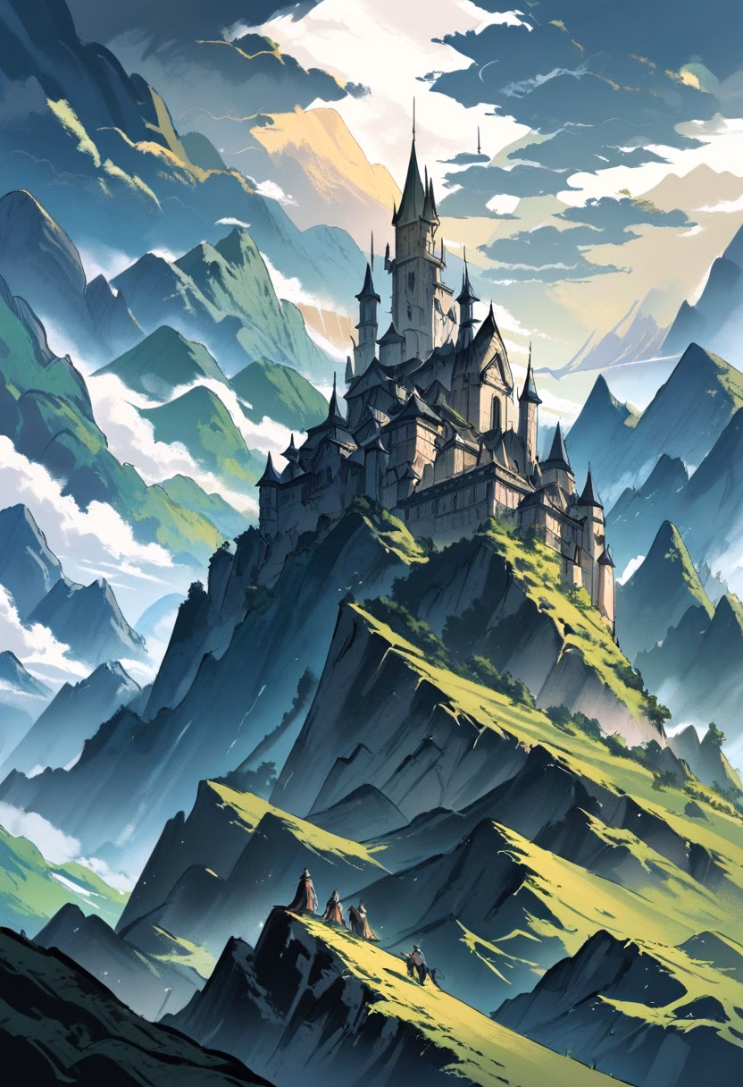 Castle Above the Valley — view 5 — ancient stone castle on hill, green valley below, dramatic clouds, medieval architecture, morning sunlight, distant moun