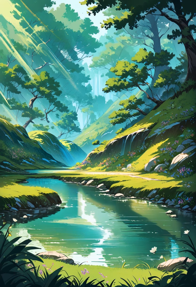 Crystal Forest Stream — view 1 — crystal clear mountain stream, smooth stones, mossy banks, wildflowers, forest canopy, sunlight reflections, tranquil na