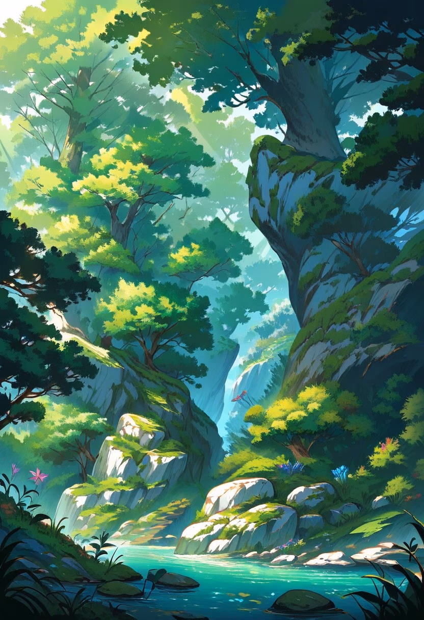 Crystal Forest Stream — view 2 — crystal clear mountain stream, smooth stones, mossy banks, wildflowers, forest canopy, sunlight reflections, tranquil na