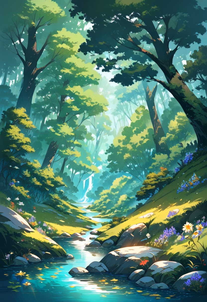 Crystal Forest Stream — view 3 — crystal clear mountain stream, smooth stones, mossy banks, wildflowers, forest canopy, sunlight reflections, tranquil na
