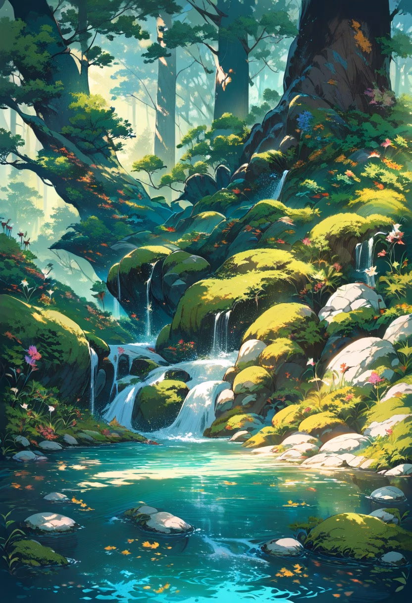 Crystal Forest Stream — view 4 — crystal clear mountain stream, smooth stones, mossy banks, wildflowers, forest canopy, sunlight reflections, tranquil na
