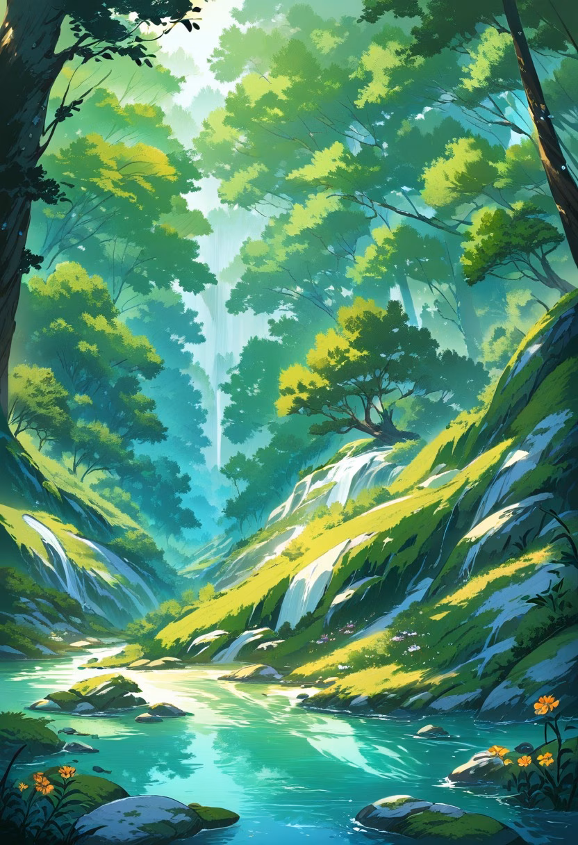 Crystal Forest Stream — view 5 — crystal clear mountain stream, smooth stones, mossy banks, wildflowers, forest canopy, sunlight reflections, tranquil na