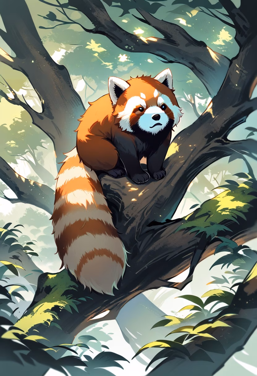 Curious Red Panda — view 1 — red panda sitting on tree branch, lush forest, soft sunlight, fluffy tail, curious expression, wildlife, detailed fur, p