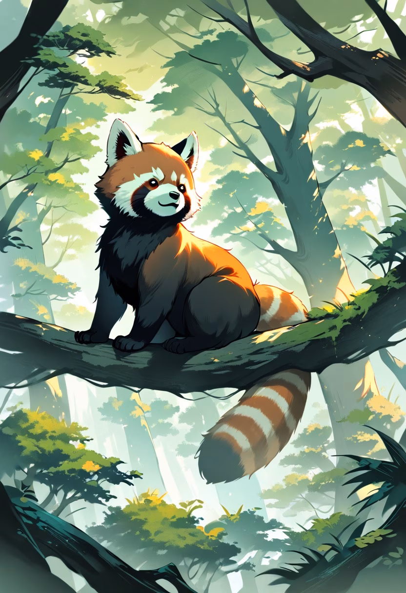 Curious Red Panda — view 2 — red panda sitting on tree branch, lush forest, soft sunlight, fluffy tail, curious expression, wildlife, detailed fur, p