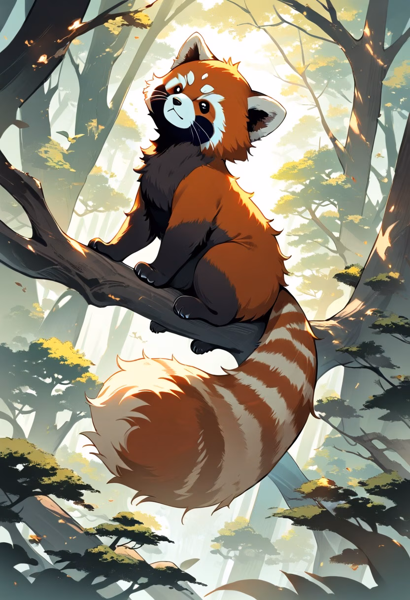 Curious Red Panda — view 3 — red panda sitting on tree branch, lush forest, soft sunlight, fluffy tail, curious expression, wildlife, detailed fur, p