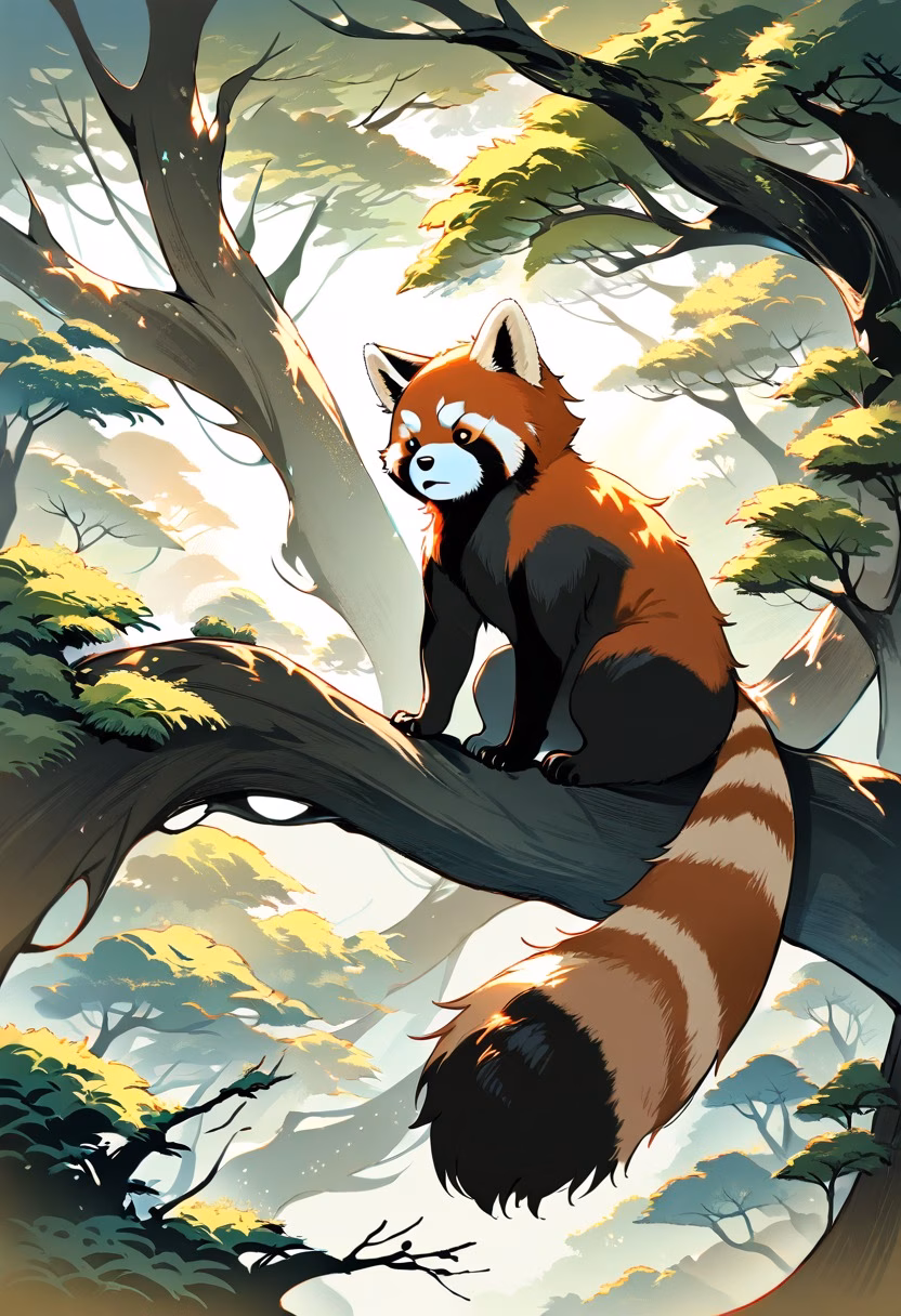 Curious Red Panda — view 4 — red panda sitting on tree branch, lush forest, soft sunlight, fluffy tail, curious expression, wildlife, detailed fur, p